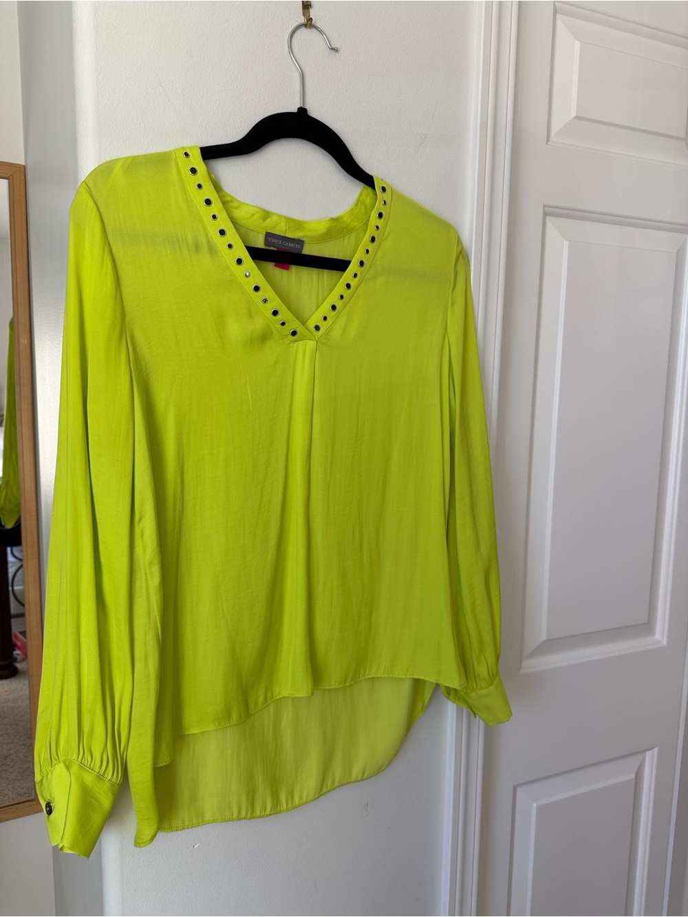 Vince Camuto - Neon Lime Yellow Green V-Neck Smooth Blouse Top with Stud Trim